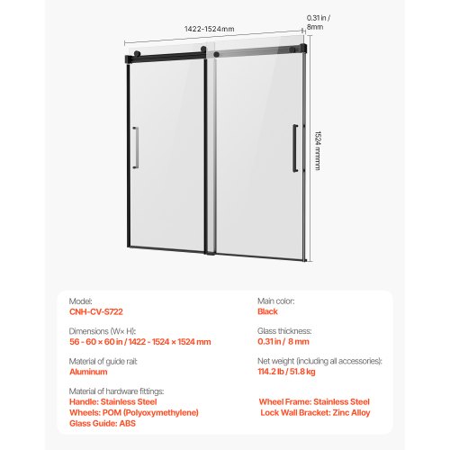 VEVOR Rahmenlose Badewannen-Schiebetür – Gehärtetes Glas 8 Mm, Schwarzes Finish, 142–152 Cm X 152 Cm