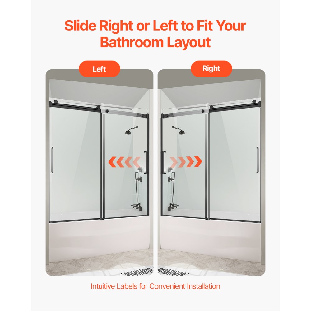 VEVOR Frameless Sliding Bathtub Shower Door (1422-1524 x 1524 mm), Sliding Bathtub Door with 5/16 Inch Clear Tempered Glass and Stainless Steel Handle, Black Finish