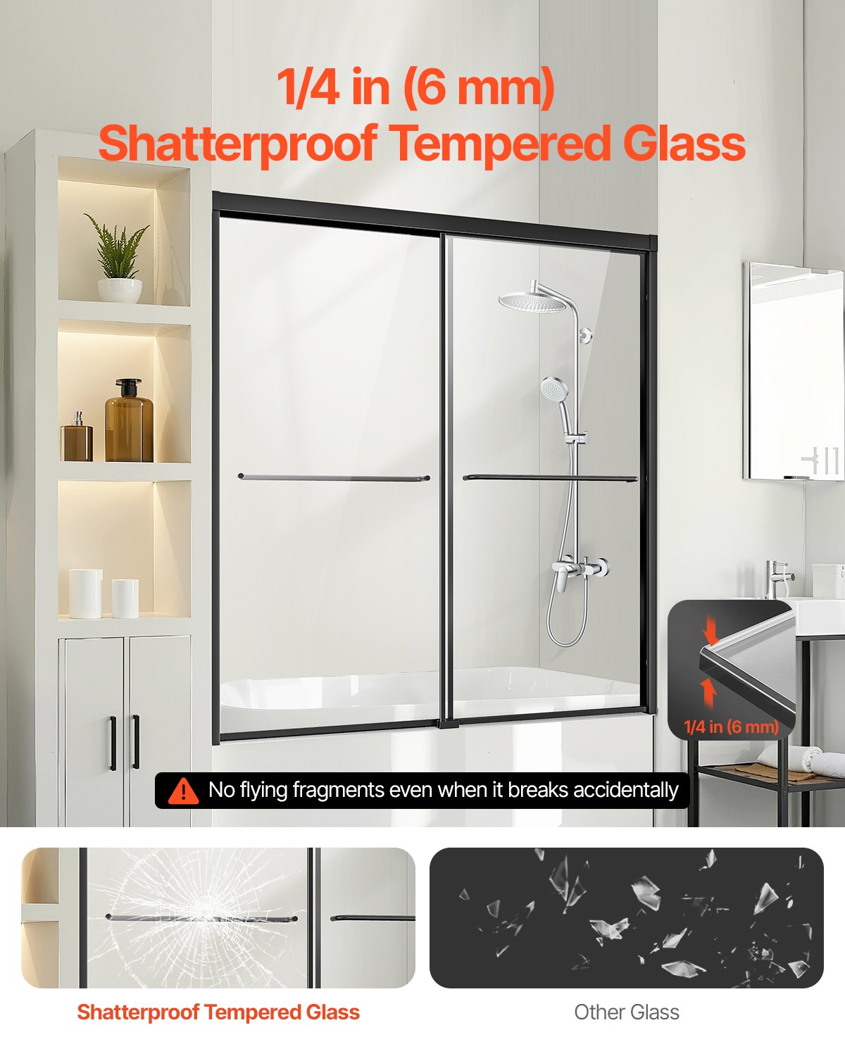 VEVOR Badewannen Duschtür (1422-1524 x 1524 mm / B x H) halbrahmenlose Schiebetür für die Badewanne, halbrahmenlose Bypass-Wannentür mit 1/4 Zoll bruchsicherem gehärtetem Glas und Edelstahlgriff