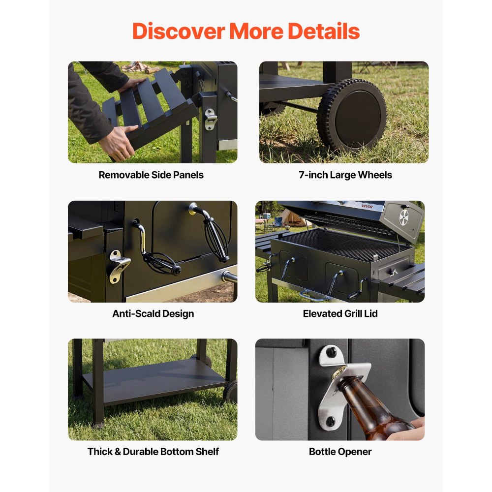 VEVOR Charcoal Grill, 0.5 m² Large Charcoal Barbecue Grill with 2 Liftable Charcoal Trays & Folding Side Tables, High-Temp Powder-Coated Steel BBQ Cooking Grills for Patio Backyard Party