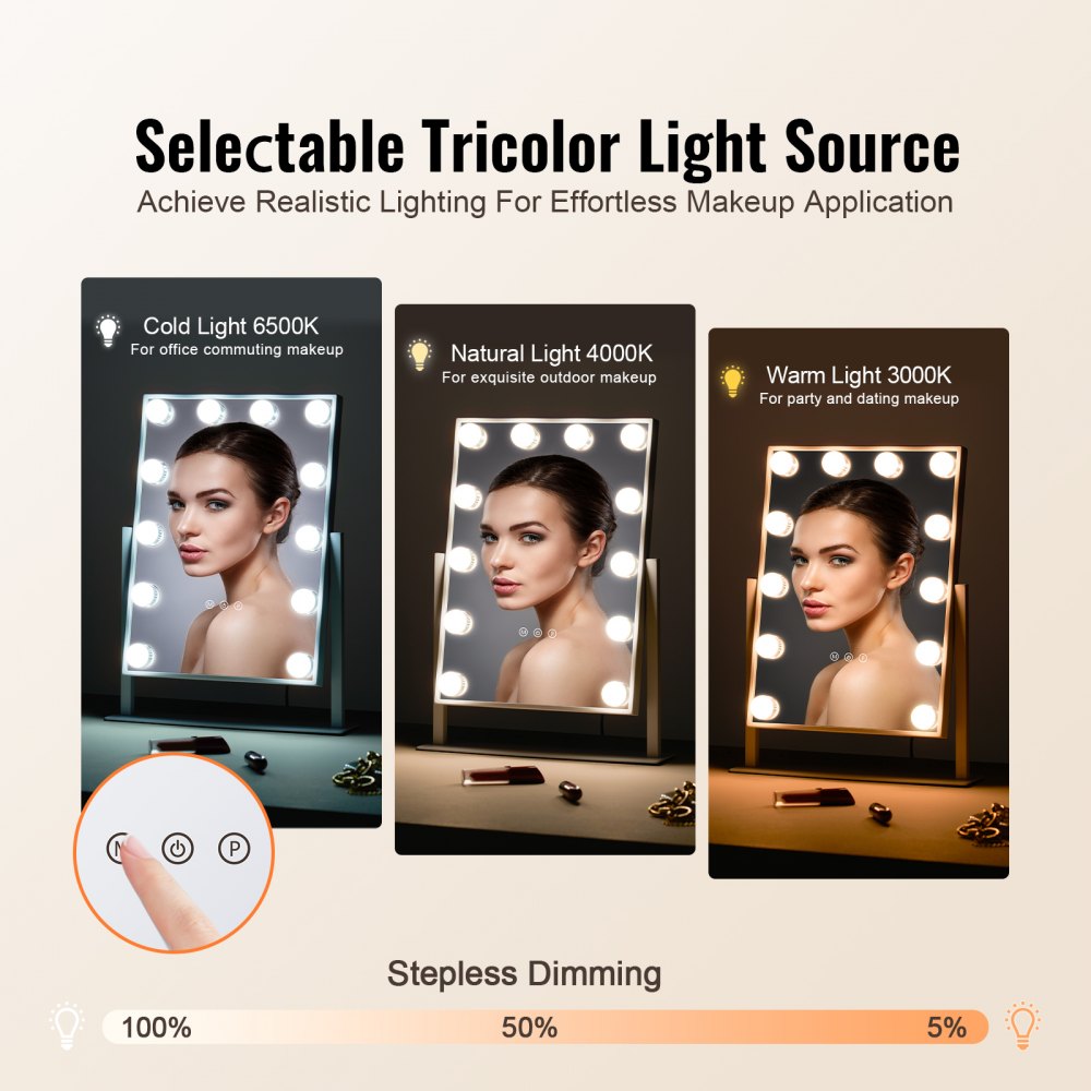 VEVOR Hollywood Lighted Makeup Mirror, 12 Dimmable Bulbs & 3 Color Lighting Modes, Cosmetic Mirror with Detachable 5x Magnification, Smart Touch Control, 360° Rotation, 410x300mm