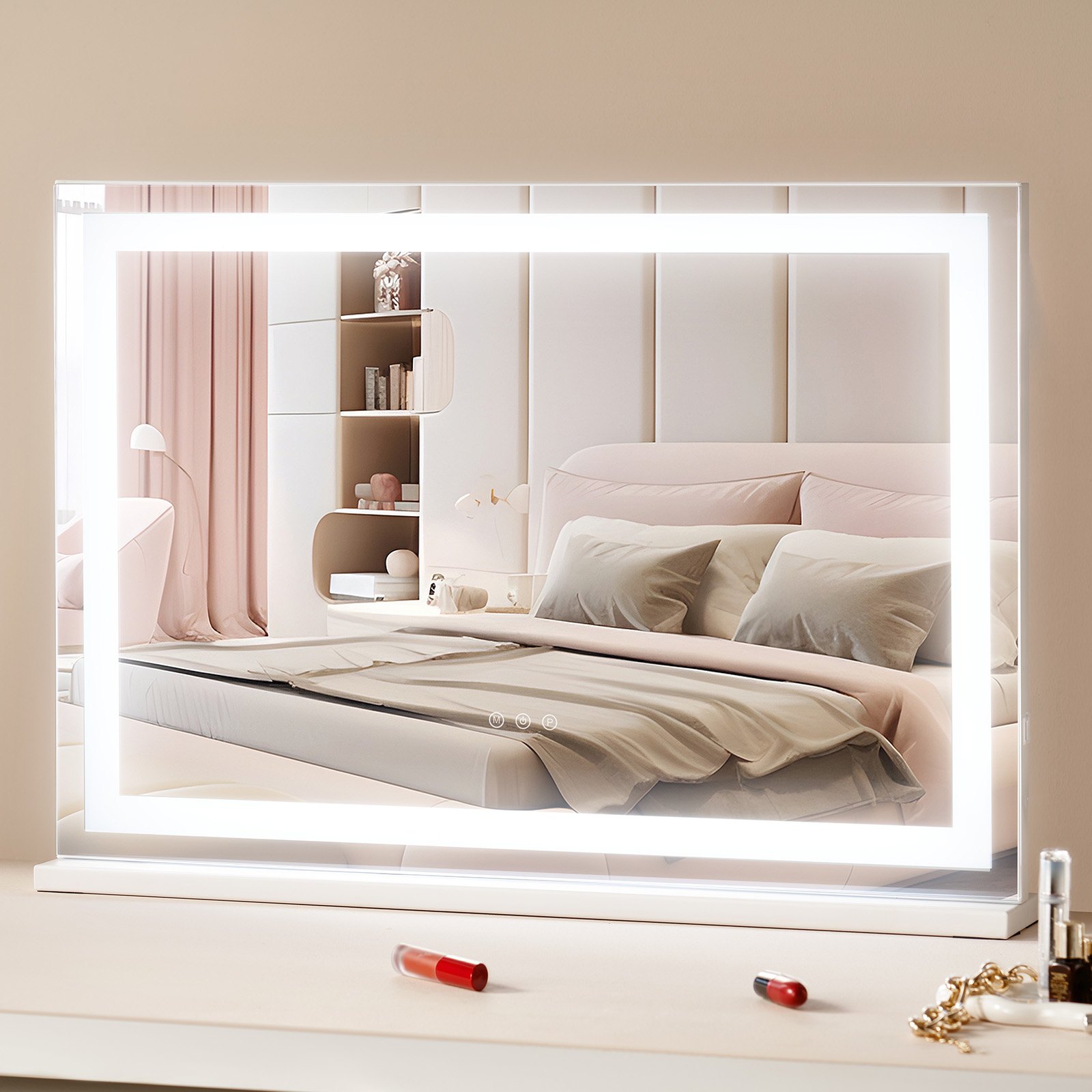 VEVOR Hollywood Makeup Mirror, Cosmetic Mirror with 3 Color Lighting Modes, Makeup Mirror with LEDs, 5x Magnification, USB Port, Smart Touch Control, Wall Mountable or Desk Mountable, 797x547mm