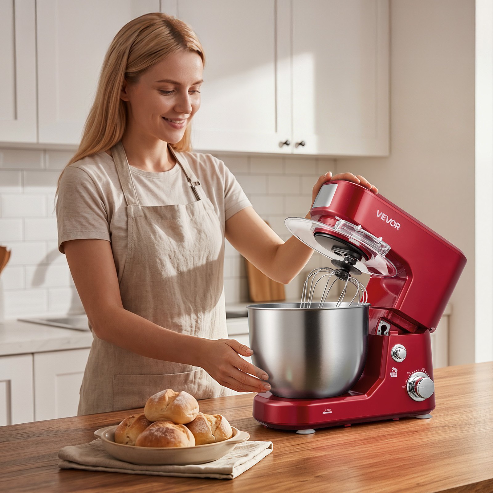 VEVOR Elektrische Knetmaschine 5 + 4 L 1000 W Teigknetmaschine Teigmaschine für Teig Keksteig und Sahne, mit 2 Stapelbaren SUS304-Schüsseln, Kippkopf, Spritzschutz, Rutschfesten Füßen und Zubehörset