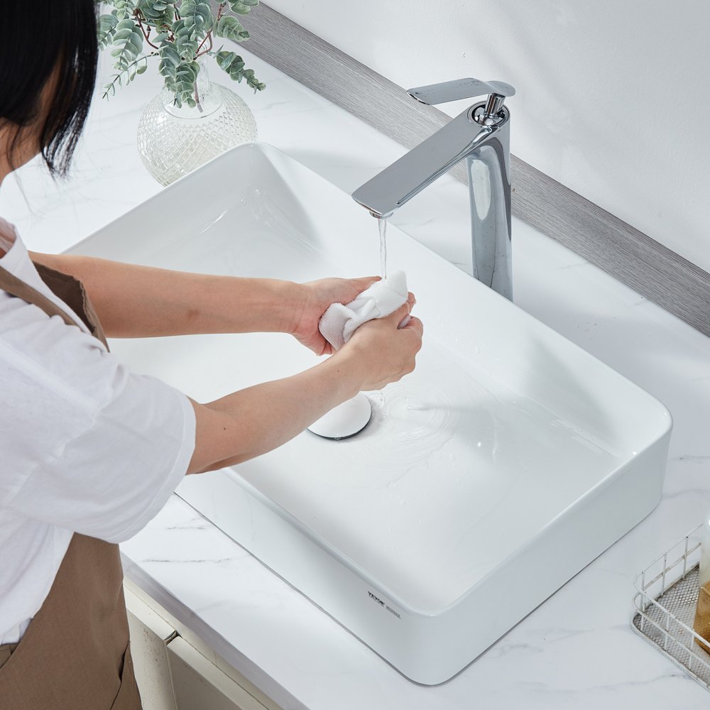 VEVOR Rechteckiges Aufsatzwaschbecken, 61 x 35 cm, Badezimmer-Aufsatzwaschbecken, weißes Keramik-Waschbecken über der Theke, moderner Stil, hell und elegant, gut verpackt für Badezimmer, Hotel, Toilette, Wohnmobil