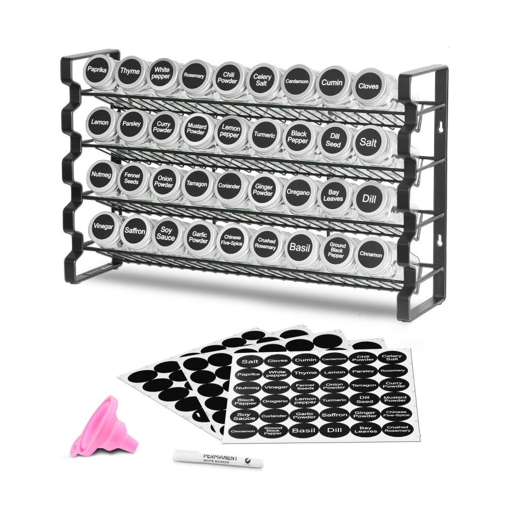 VEVOR 4-stöckiges Gewürzregal Gewürzhalter mit 36 leeren Gewürzgläser & Gestell & Gewürzetiketten & Trichter-Komplettset, Gewürz-Organizer für Küchen Schrank Speisekammer (463 x 118 x 282 mm)