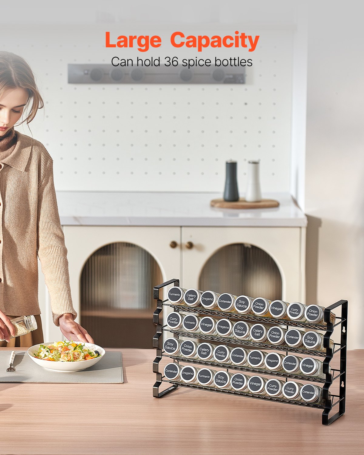 VEVOR 4-stöckiges Gewürzregal Gewürzhalter mit 36 leeren Gewürzgläser & Gestell & Gewürzetiketten & Trichter-Komplettset, Gewürz-Organizer für Küchen Schrank Speisekammer (463 x 118 x 282 mm)