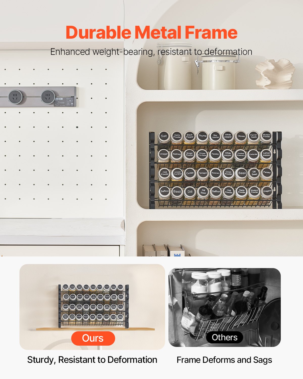 VEVOR 4-stöckiges Gewürzregal Gewürzhalter mit 36 leeren Gewürzgläser & Gestell & Gewürzetiketten & Trichter-Komplettset, Gewürz-Organizer für Küchen Schrank Speisekammer (463 x 118 x 282 mm)
