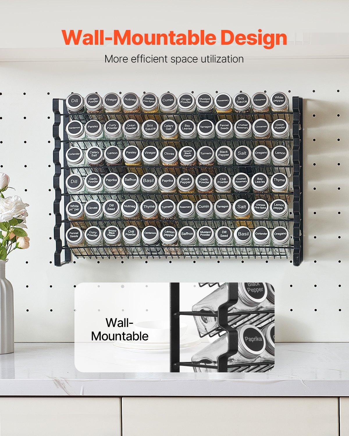 VEVOR 6-stöckiges Gewürzregal Gewürzhalter mit 72 leeren Gewürzgläser & Trichter-Komplettset & Gewürzetiketten, Gewürz-Organizer für Küchen Schrank Speisekammer (591 x 118 x 407 mm)