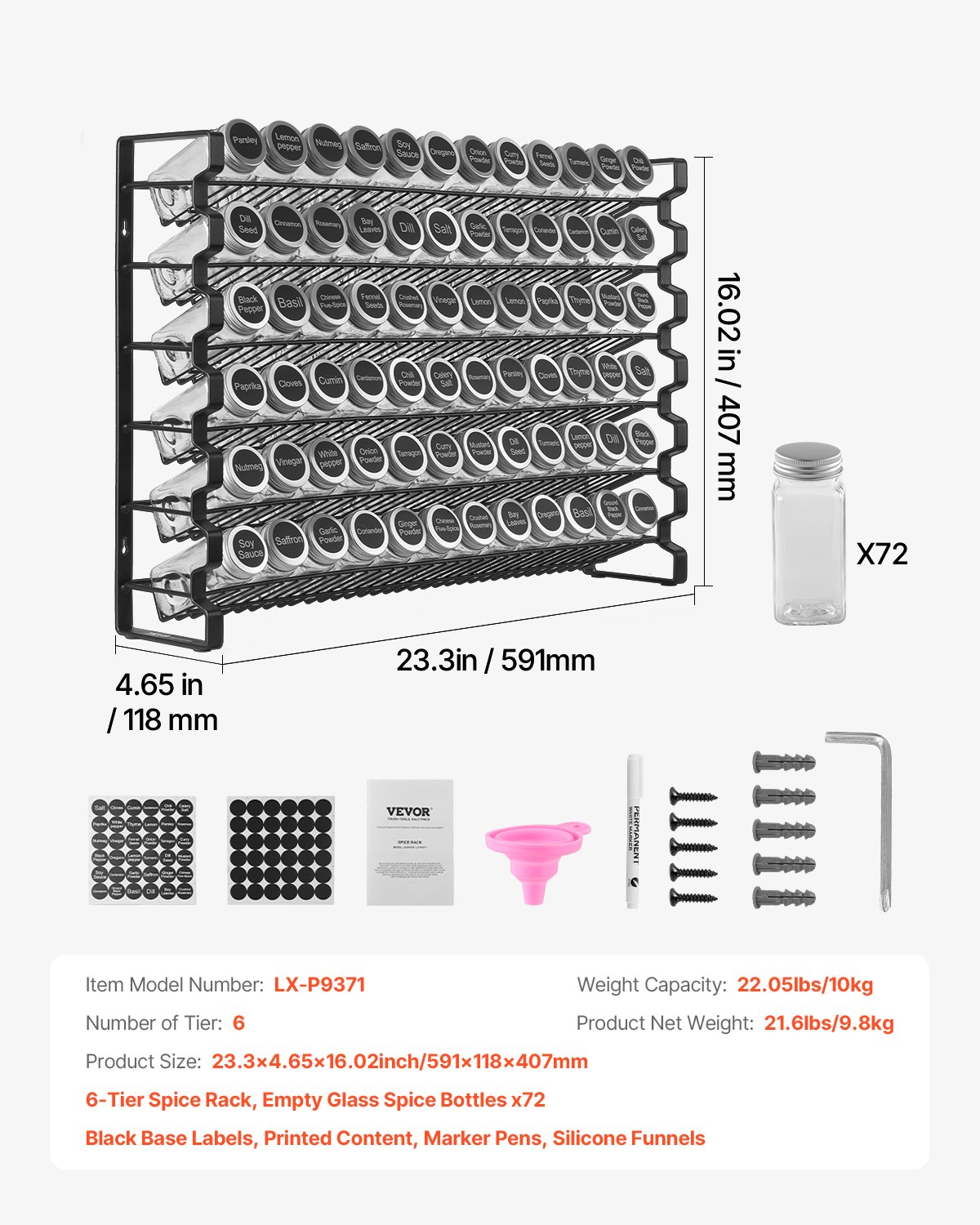 VEVOR 6-stöckiges Gewürzregal Gewürzhalter mit 72 leeren Gewürzgläser & Trichter-Komplettset & Gewürzetiketten, Gewürz-Organizer für Küchen Schrank Speisekammer (591 x 118 x 407 mm)