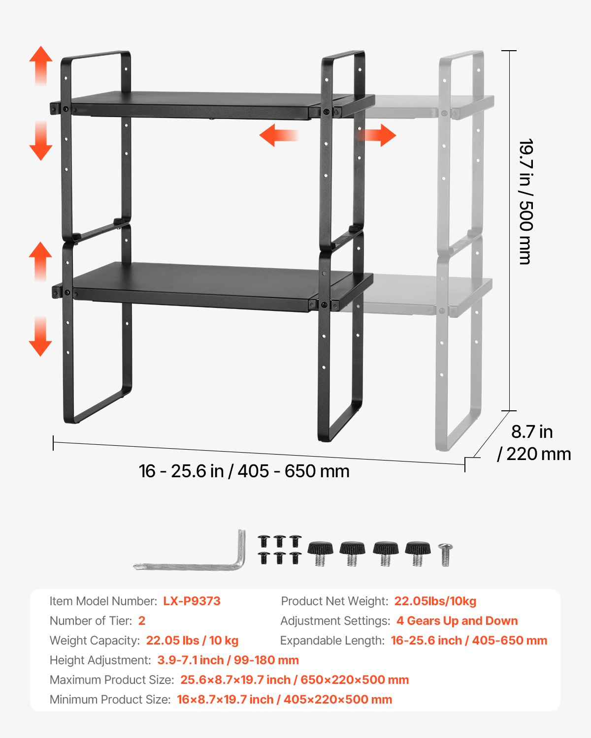 VEVOR Adjustable Standing Spice Rack, 2 Tiers, Large Capacity Kitchen Shelf, Stackable Countertop Organizer, Pantry Organizer for Kitchen, Bathroom, Office, Black