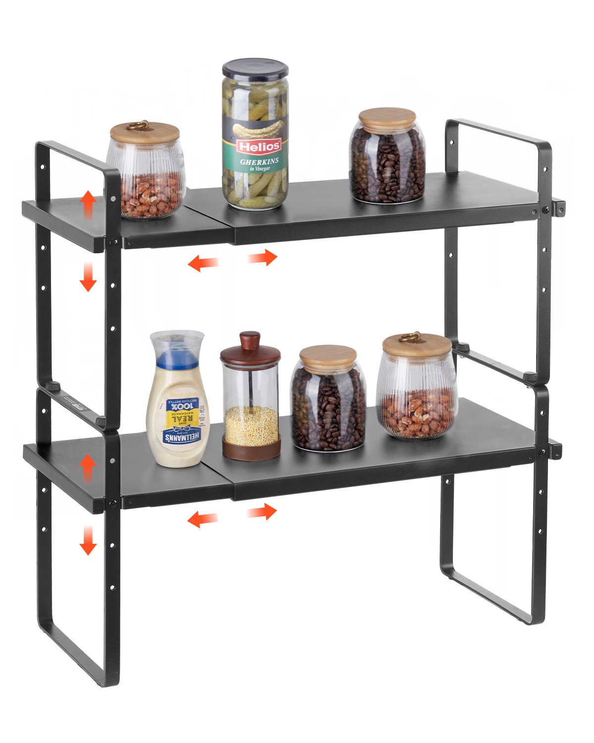 VEVOR Adjustable Standing Spice Rack, 2 Tiers, Large Capacity Kitchen Shelf, Stackable Countertop Organizer, Pantry Organizer for Kitchen, Bathroom, Office, Black