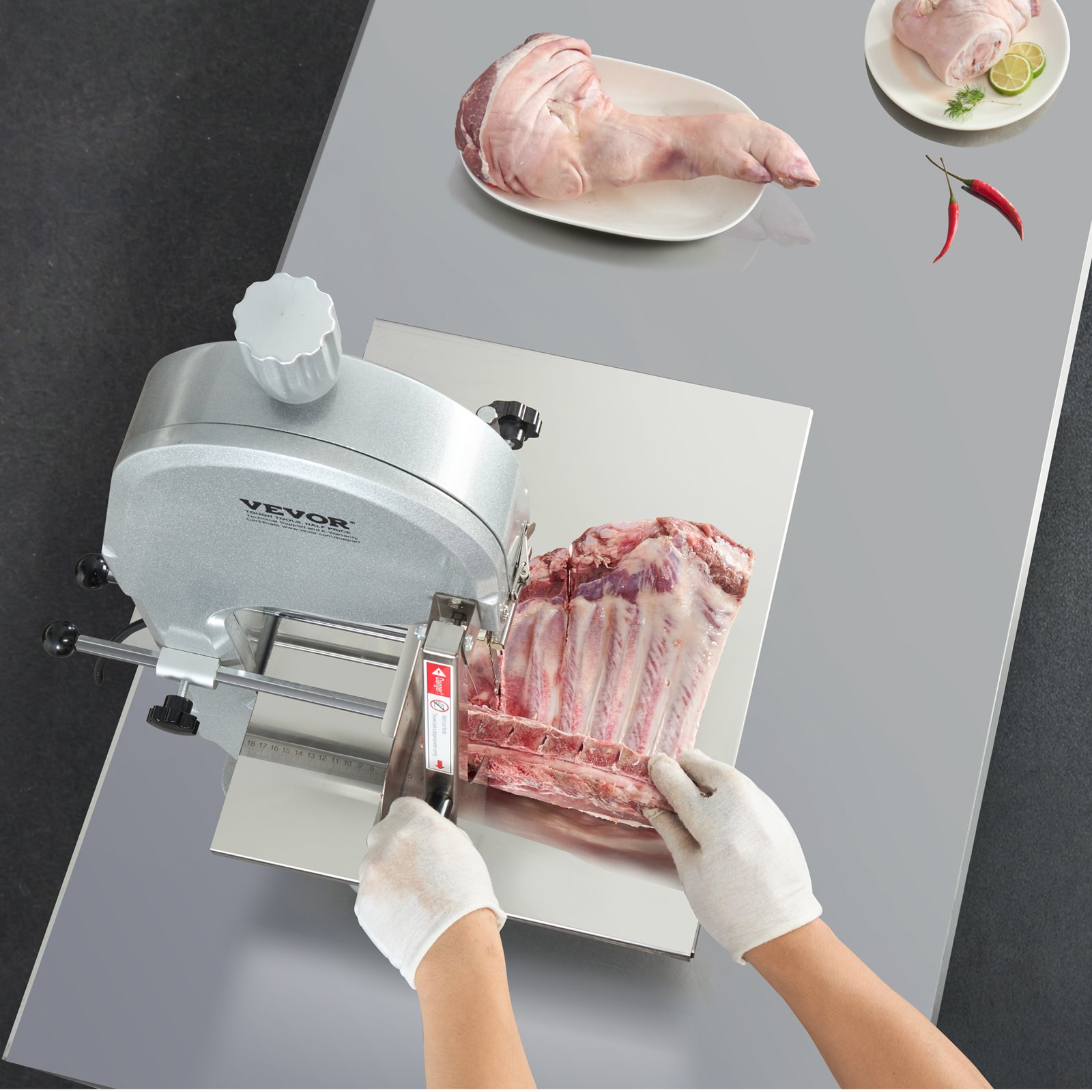 VEVOR Commercial Electric Meat Bandsaw, 1800W Stainless Steel Bone Saw for Countertop, Working Area 15 x 19.1 Inches, Maximum Cutting Thickness 7.09 Inches, Frozen Meat Cutter with 5 Blades for Ribs, Pork and Beef