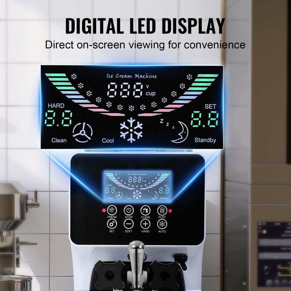 VEVOR Kommerzielle Eiscreme-Maschine, 10 L/h Leistung, 900 W, Softeismaschine für eine Geschmacksrichtung, auf der Arbeitsplatte, mit 4 L Trichter, 1,6 L Zylinder, LCD-Bildschirm, Vorkühlung