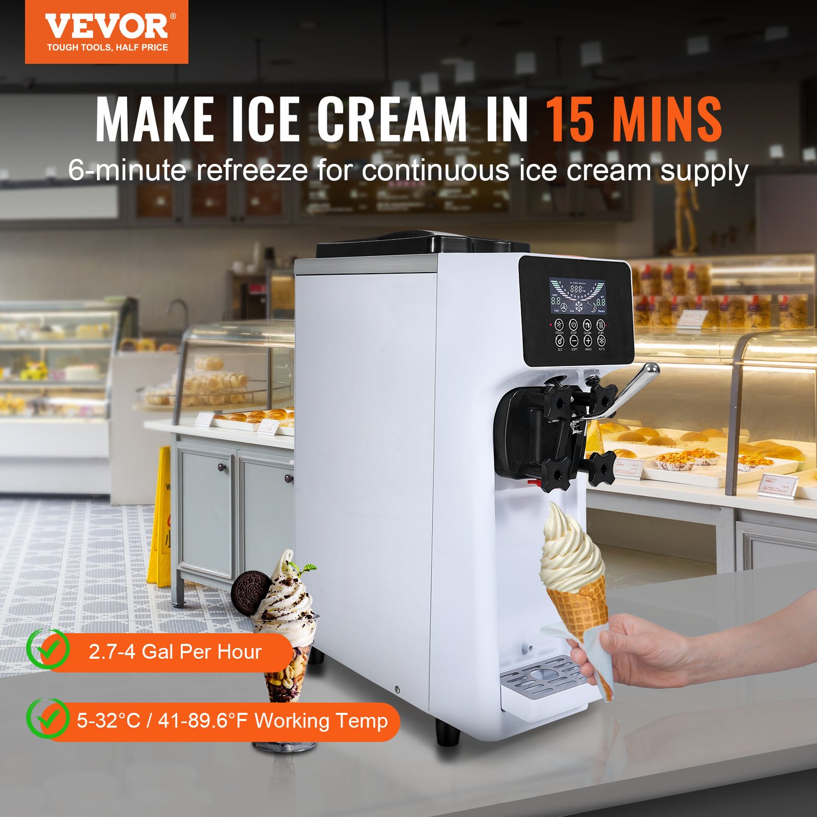 VEVOR Kommerzielle Eiscreme-Maschine, 10 L/h Leistung, 900 W, Softeismaschine für eine Geschmacksrichtung, auf der Arbeitsplatte, mit 4 L Trichter, 1,6 L Zylinder, LCD-Bildschirm, Vorkühlung