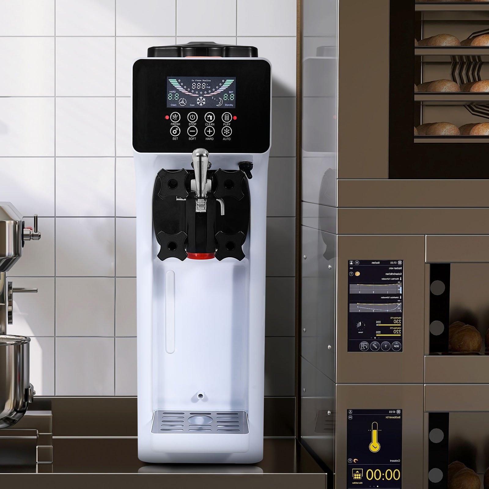 VEVOR Kommerzielle Eiscreme-Maschine, 10 L/h Leistung, 900 W, Softeismaschine für eine Geschmacksrichtung, auf der Arbeitsplatte, mit 4 L Trichter, 1,6 L Zylinder, LCD-Bildschirm, Vorkühlung