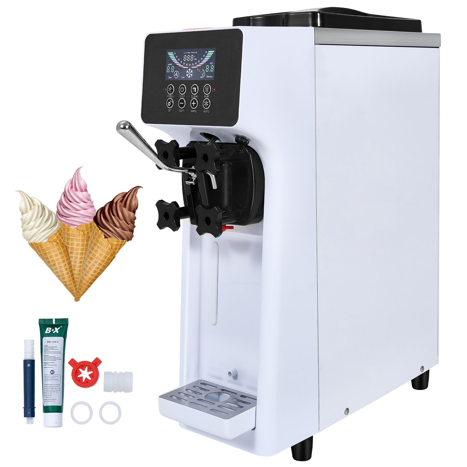 VEVOR Commercial Ice Cream Machine, 10 L/h Capacity, 900 W, Soft Serve Machine for One Flavor, Countertop, with 4 L Hopper, 1.6 L Cylinder, LCD Screen, Pre-Cooling