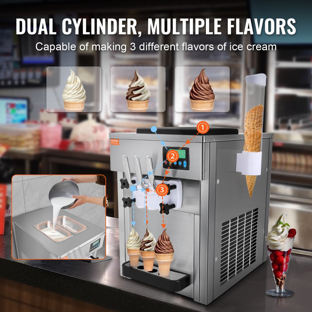 VEVOR Commercial Ice Cream Machine, 1800 W, 3 Flavors, Soft Serve Countertop, 2 x 4 L Hoppers, 2 x 1.8 L Cylinders, LCD Screen, Automatic Cleaning, Pre-Cooling