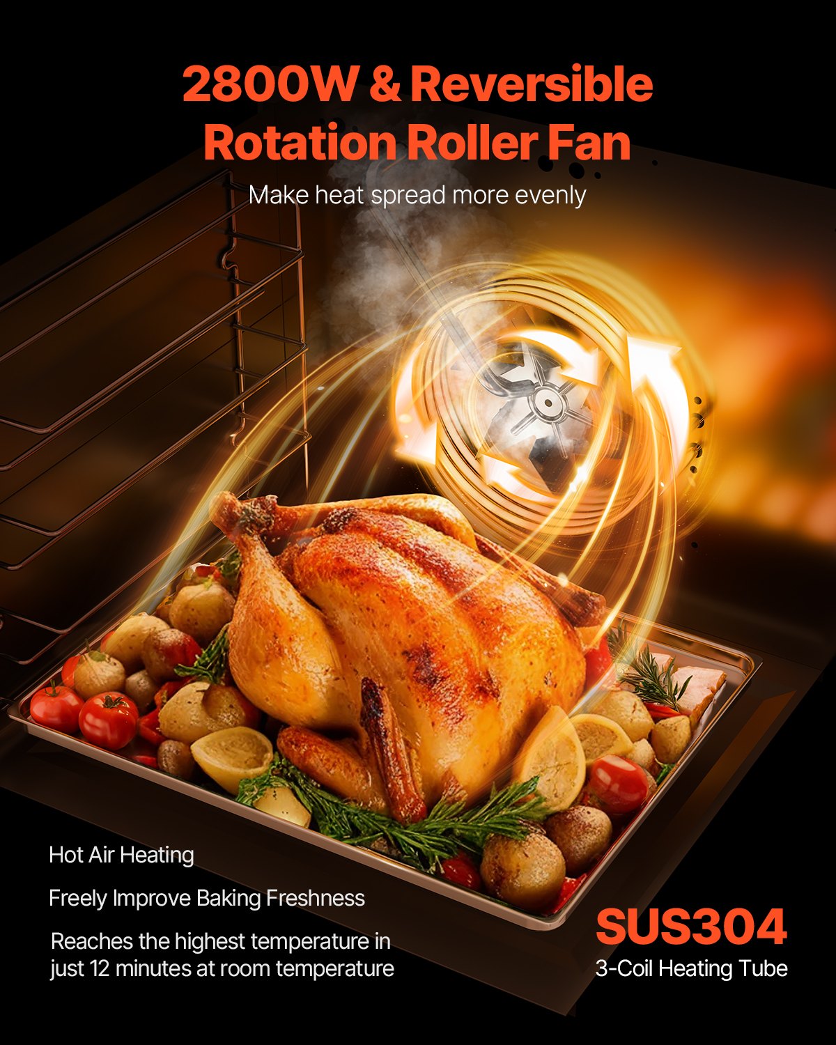 VEVOR kommerzieller Konvektionsofen konventioneller Arbeitsplattenofen 58 L 2800 W Toasterofen mit Tür aus gehärtetem Glas, elektrischer Backofen mit Drahtgitter & Klemmtablett-Handschuhen