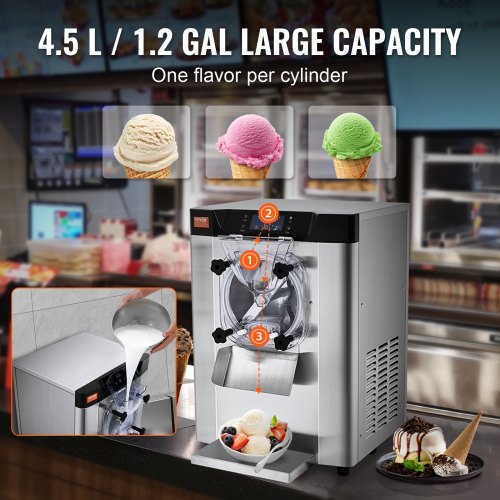 VEVOR Kommerzielle Eiscreme-Maschine, 12 L/h Einzelgeschmacksrichtung Arbeitsplatten-Eiscrememaschine für Hartes Servieren, 4,5 L Edelstahlzylinder,