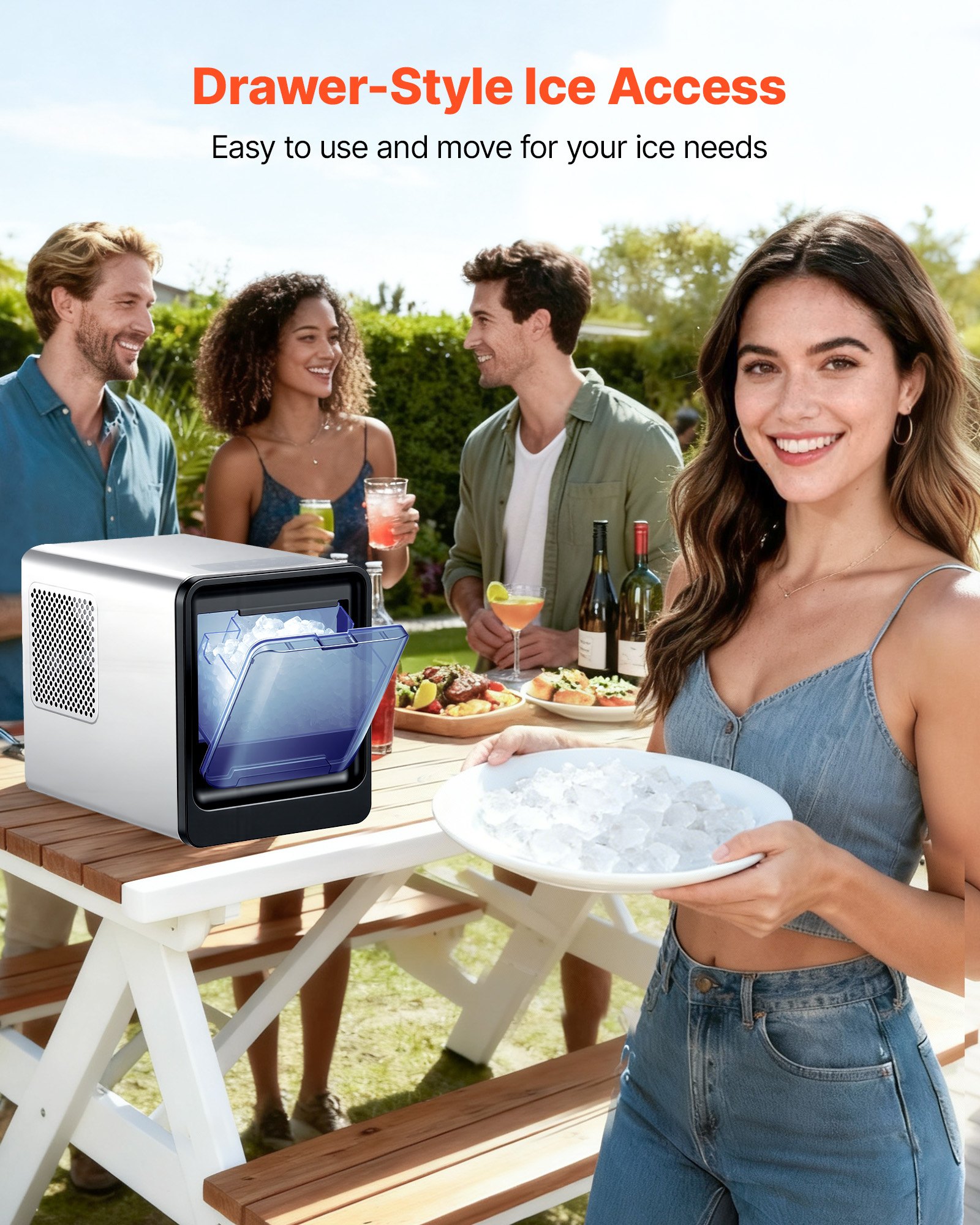 VEVOR Tisch-Eiswürfelmaschine 15 kg pro Tag, Selbstreinigender & Tragbarer Eiswürfelbereiter mit Schaufel & Eiswürfelschublade, Eiswürfelmaschine für Kaueis für Zuhause Küche Büro Bar Partys