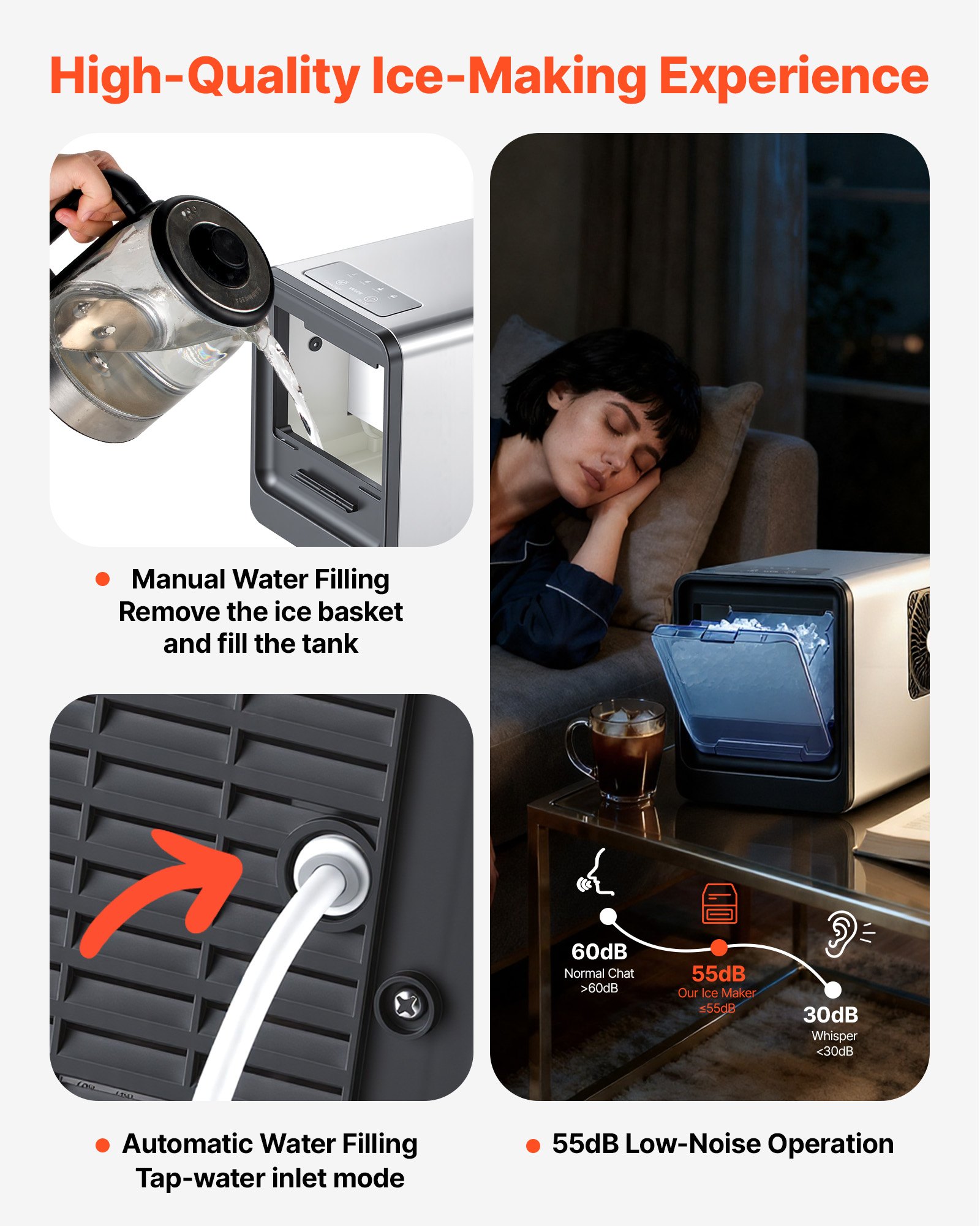 VEVOR Tisch-Eiswürfelmaschine 15 kg pro Tag, Selbstreinigender & Tragbarer Eiswürfelbereiter mit Schaufel & Eiswürfelschublade, Eiswürfelmaschine für Kaueis für Zuhause Küche Büro Bar Partys