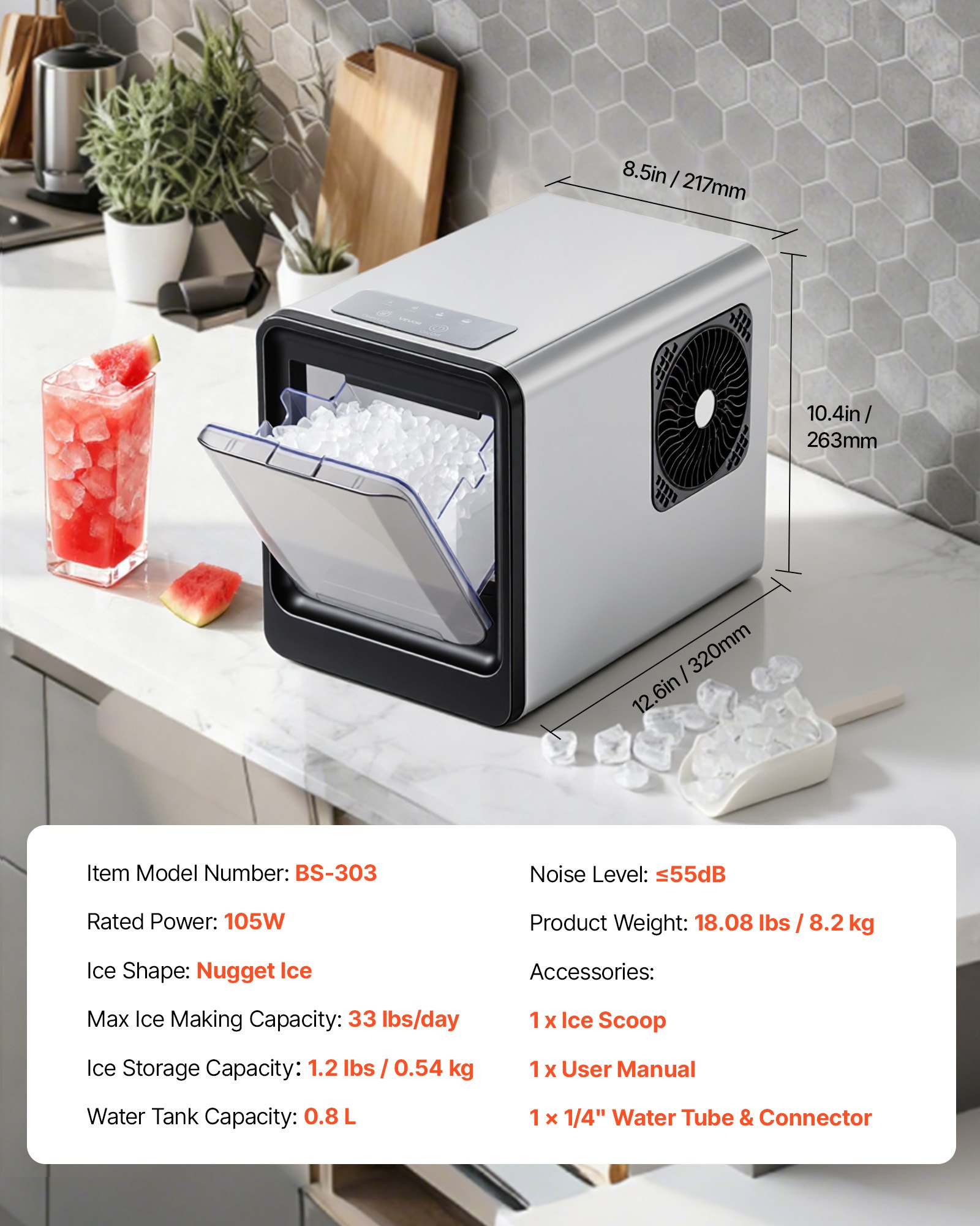 VEVOR Tisch-Eiswürfelmaschine 15 kg pro Tag, Selbstreinigender & Tragbarer Eiswürfelbereiter mit Schaufel & Eiswürfelschublade, Eiswürfelmaschine für Kaueis für Zuhause Küche Büro Bar Partys