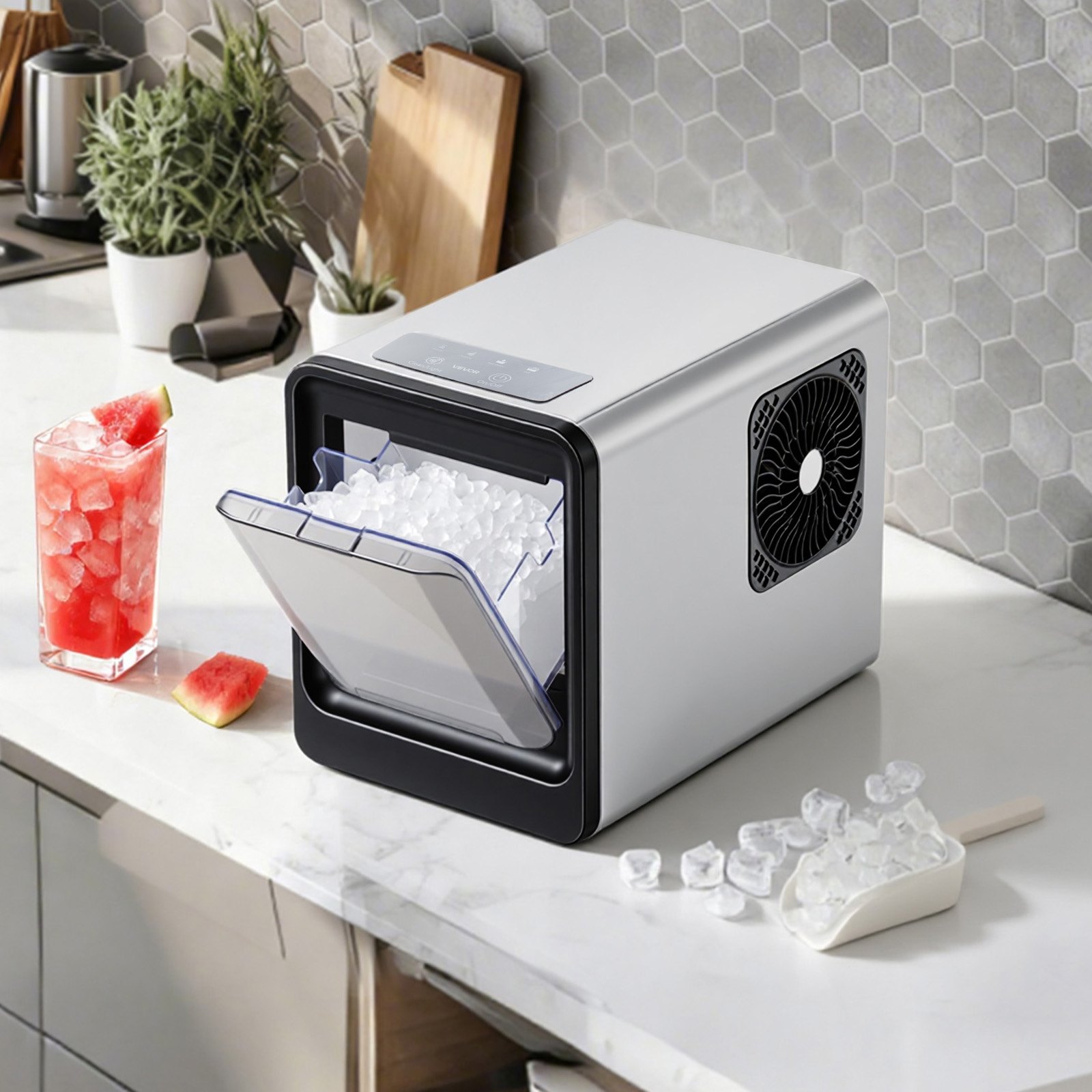 VEVOR Tisch-Eiswürfelmaschine 15 kg pro Tag, Selbstreinigender & Tragbarer Eiswürfelbereiter mit Schaufel & Eiswürfelschublade, Eiswürfelmaschine für Kaueis für Zuhause Küche Büro Bar Partys
