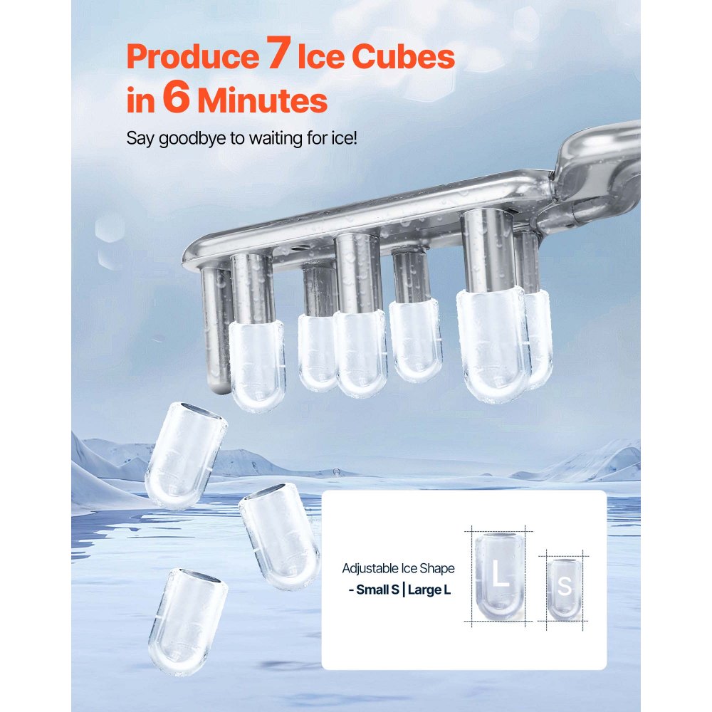 VEVOR Tisch-Eiswürfelmaschine, 7 Eiswürfel in 6 Minuten, 11,8 kg pro Tag, selbstreinigendes Gerät mit Eisschaufel, Eiswürfelmaschine mit 2 Größen von Kugeleis für Zuhause Küche, Büro Bar Party