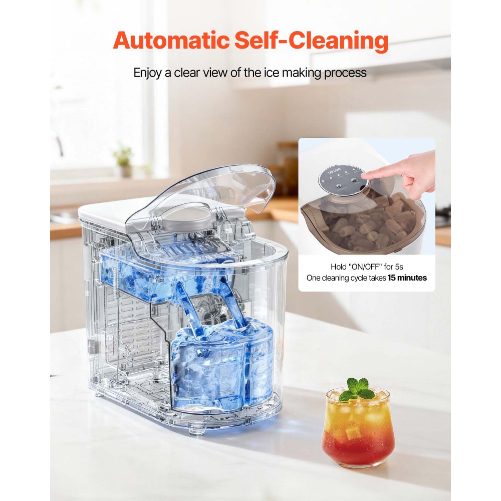 VEVOR Tisch-Eiswürfelmaschine, 7 Eiswürfel in 6 Minuten, 11,8 kg pro Tag, selbstreinigendes Gerät mit Eisschaufel, Eiswürfelmaschine mit 2 Größen von Kugeleis für Zuhause Küche, Büro Bar Party