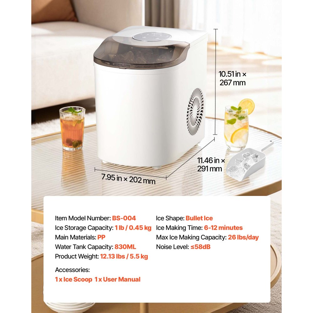 VEVOR Tisch-Eiswürfelmaschine, 7 Eiswürfel in 6 Minuten, 11,8 kg pro Tag, selbstreinigendes Gerät mit Eisschaufel, Eiswürfelmaschine mit 2 Größen von Kugeleis für Zuhause Küche, Büro Bar Party