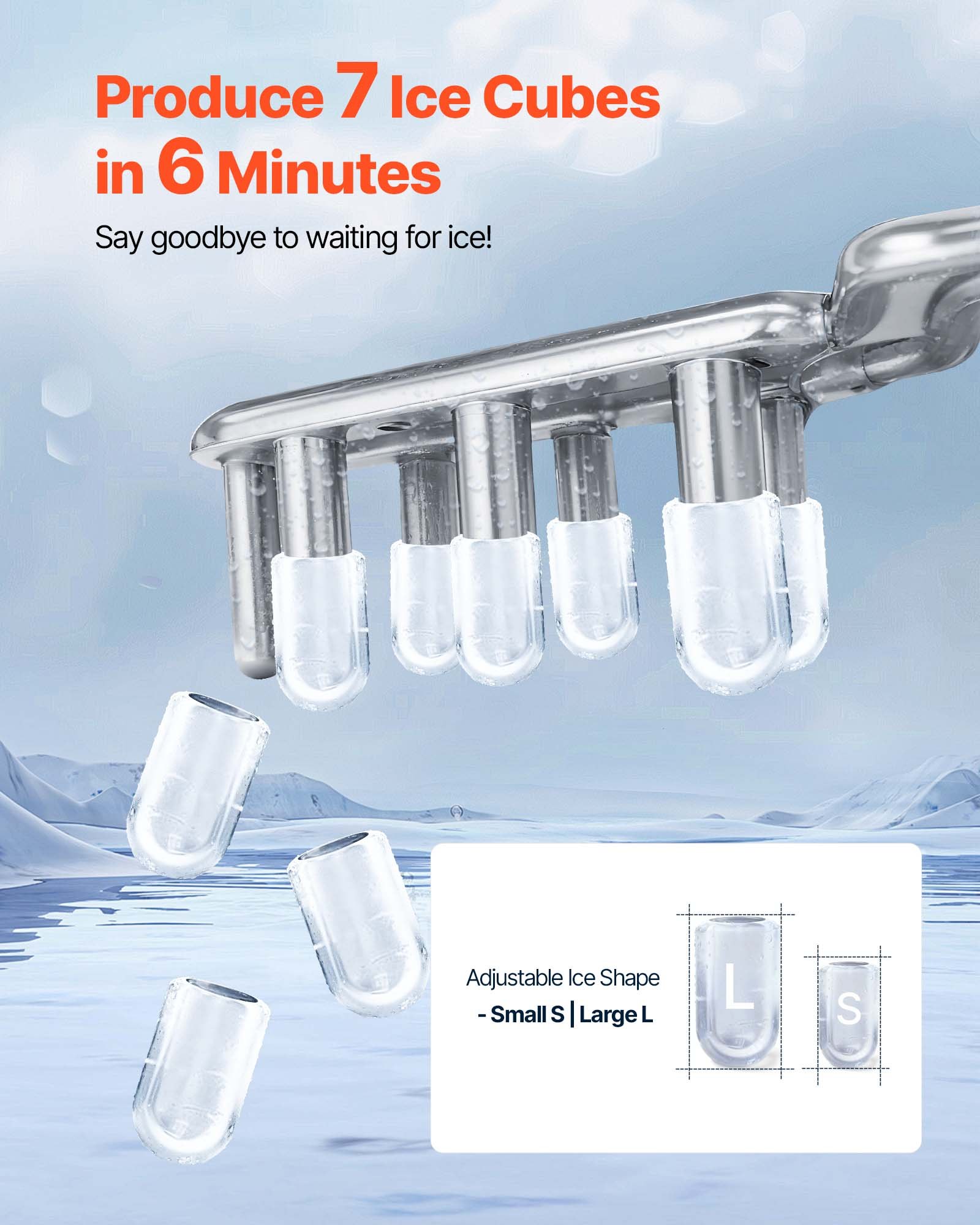 VEVOR Tisch-Eiswürfelmaschine, 7 Eiswürfel in 6 Minuten, 11,8 kg pro Tag, selbstreinigendes Gerät mit Eisschaufel, Eiswürfelmaschine mit 2 Größen von Kugeleis für Zuhause Küche, Büro Bar Party