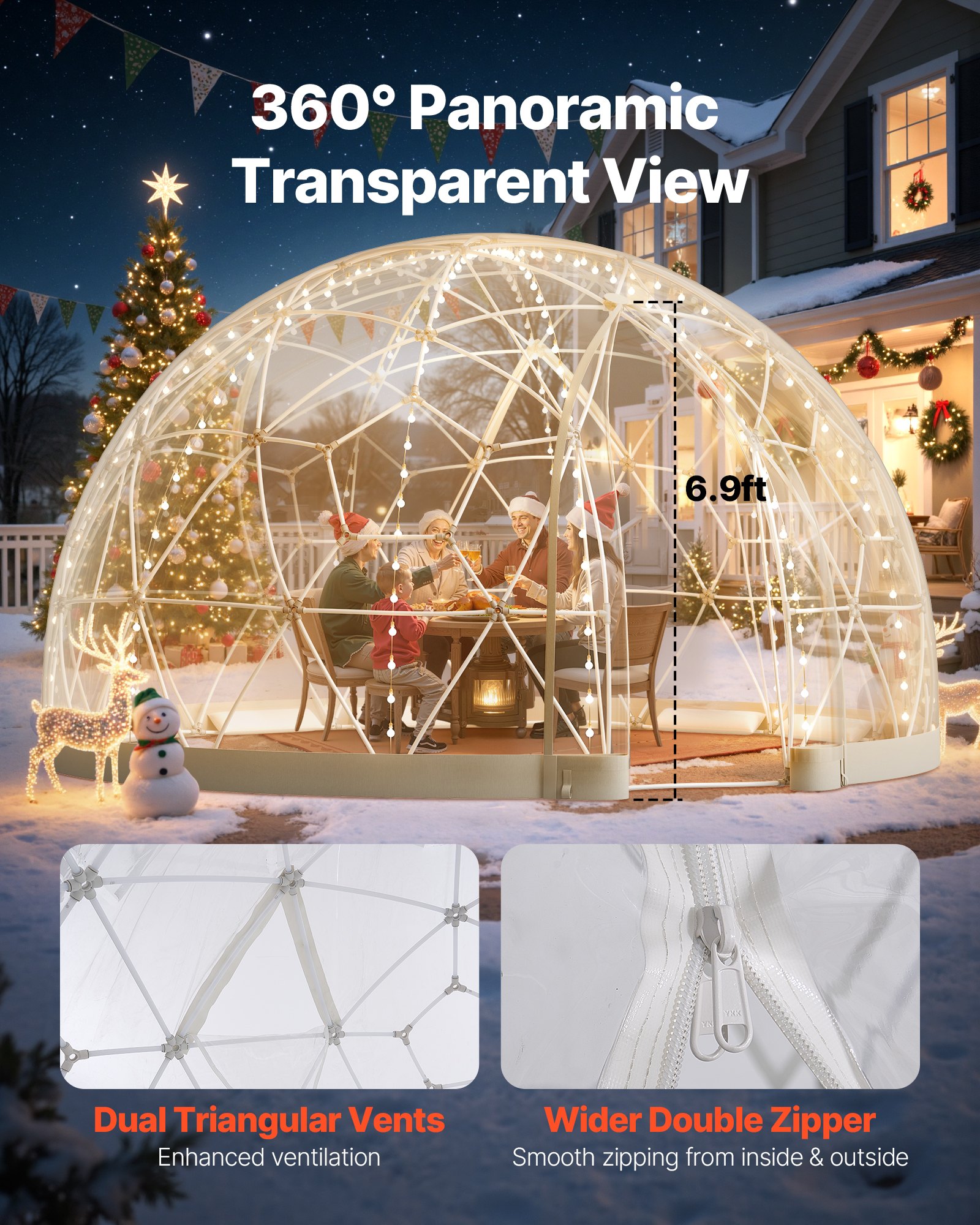 VEVOR Gartenkuppel, 4,57x2,9 m großes transparentes Blasenzelt für 10–14 Personen, geodätisches Kuppelgewächshaus mit Fenster, PVC-Zelt für Hinterhof, Terrasse, Camping, Party, Hochzeit