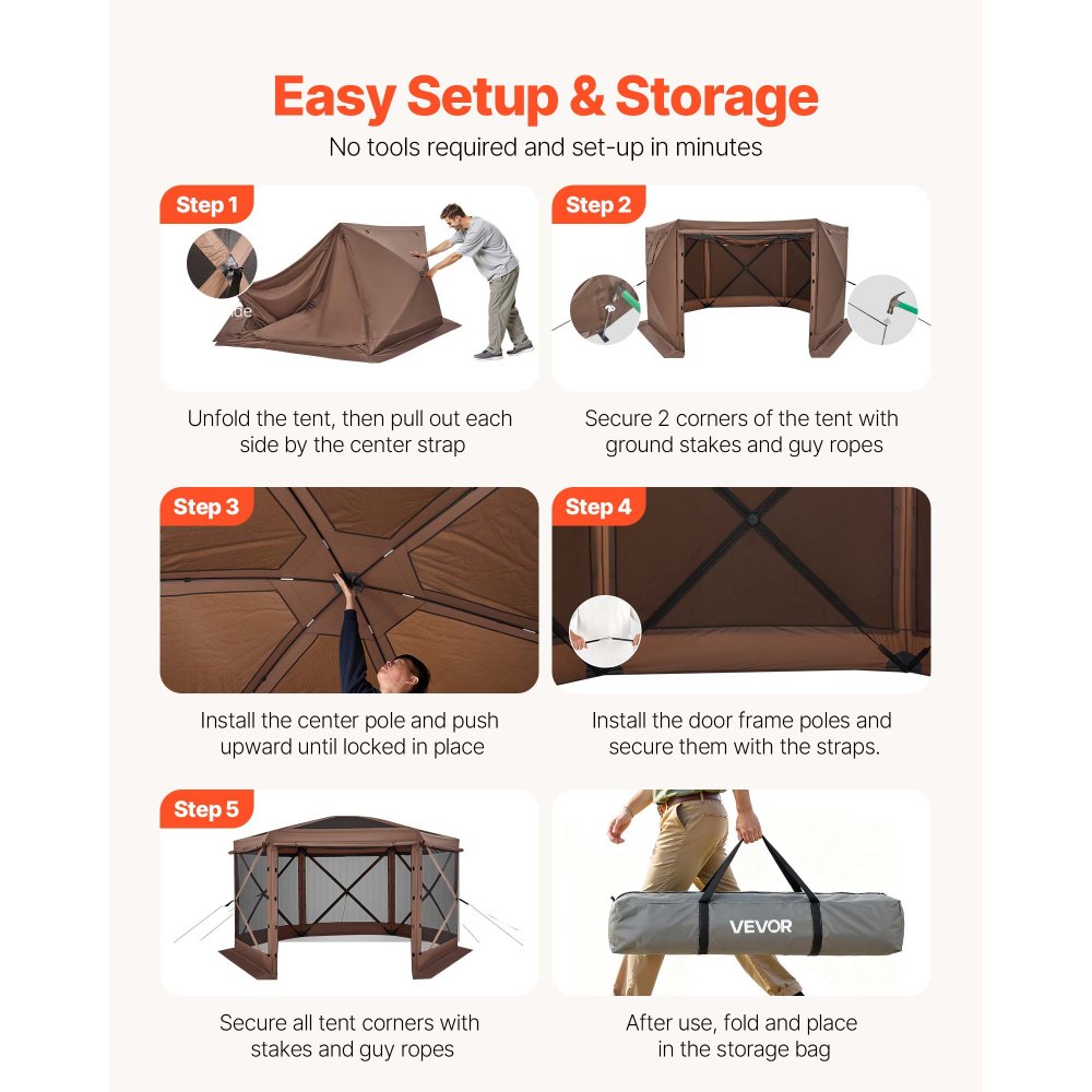 VEVOR Pop-up-Pavillon, 3,6 x 3,6 m, 6-seitiges Campingzelt mit abnehmbarem Dach & Tragetasche, Sonnenschutz für 8-10 Personen, Partyzelt für Garten und Terrasse, Braun