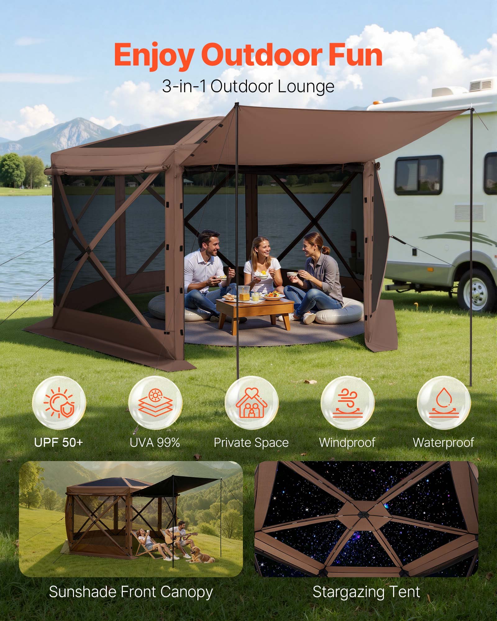 VEVOR Pop-up-Pavillon, 3,6 x 3,6 m, 6-seitiges Campingzelt mit abnehmbarem Dach & Tragetasche, Sonnenschutz für 8-10 Personen, Partyzelt für Garten und Terrasse, Braun