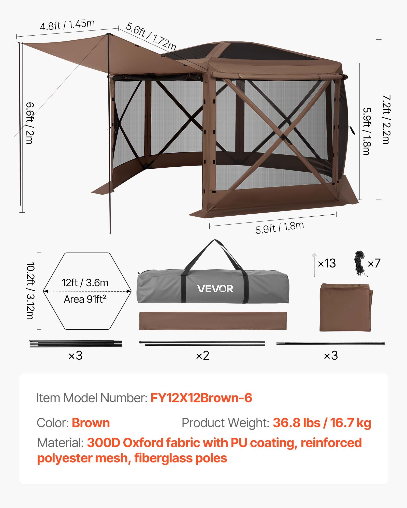 VEVOR Pop-up-Pavillon, 3,6 x 3,6 m, 6-seitiges Campingzelt mit abnehmbarem Dach & Tragetasche, Sonnenschutz für 8-10 Personen, Partyzelt für Garten und Terrasse, Braun