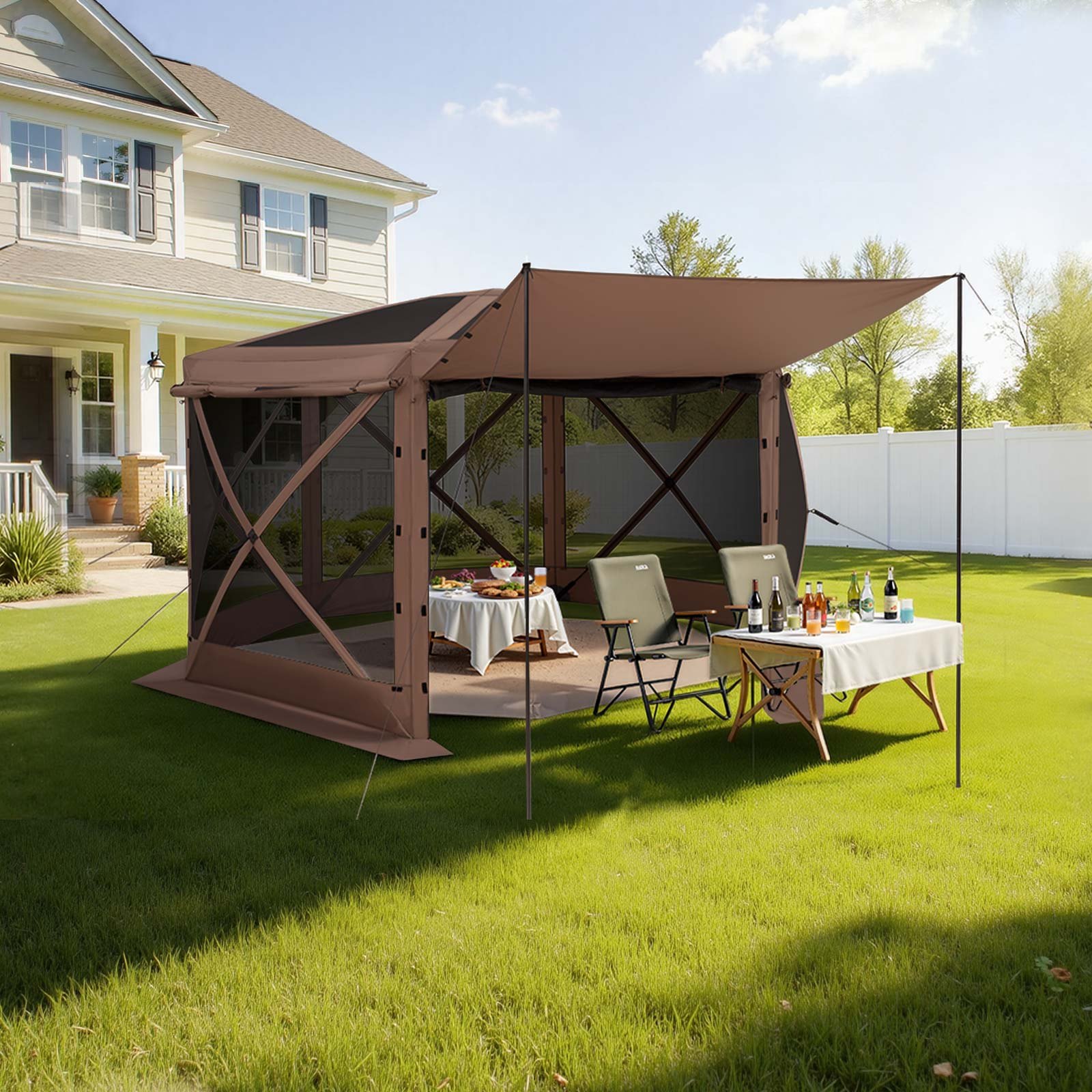 VEVOR Pop-up-Pavillon, 3,6 x 3,6 m, 6-seitiges Campingzelt mit abnehmbarem Dach & Tragetasche, Sonnenschutz für 8-10 Personen, Partyzelt für Garten und Terrasse, Braun