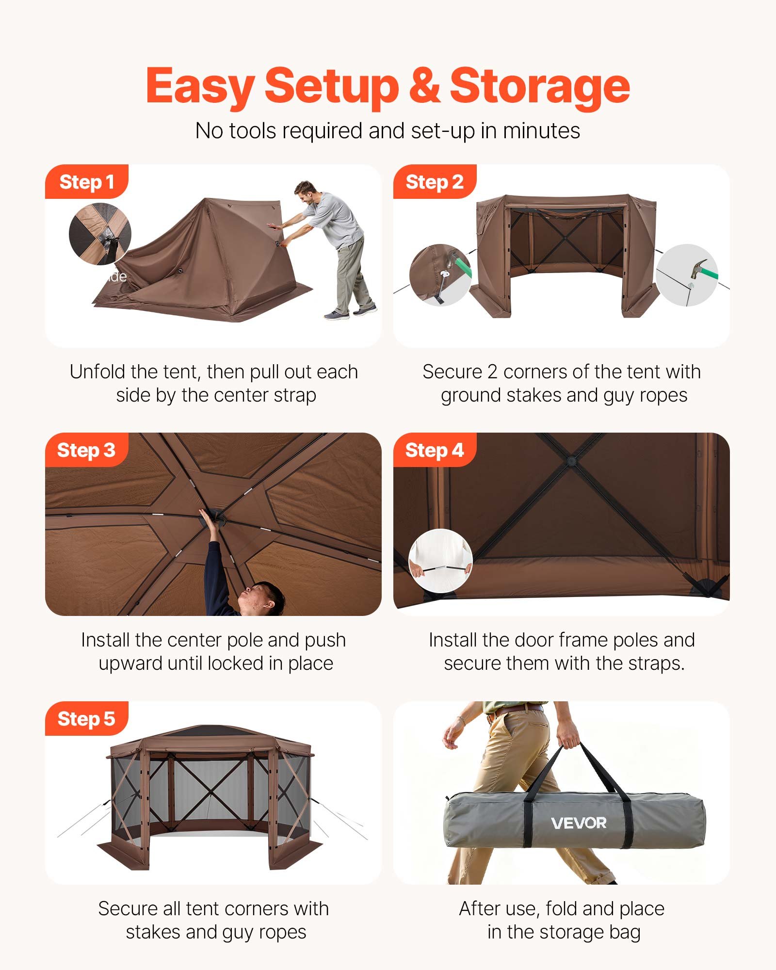 VEVOR Pop up Gazebo Screen Tent, 3.6 x 3.6 m Large 6-Sided Camping Canopy Tent with Removable Top & Carry Bag, Quick-Set & Bite-Proof, Screen House Sun Shelter for 8-10 Persons Backyard Patio, Brown