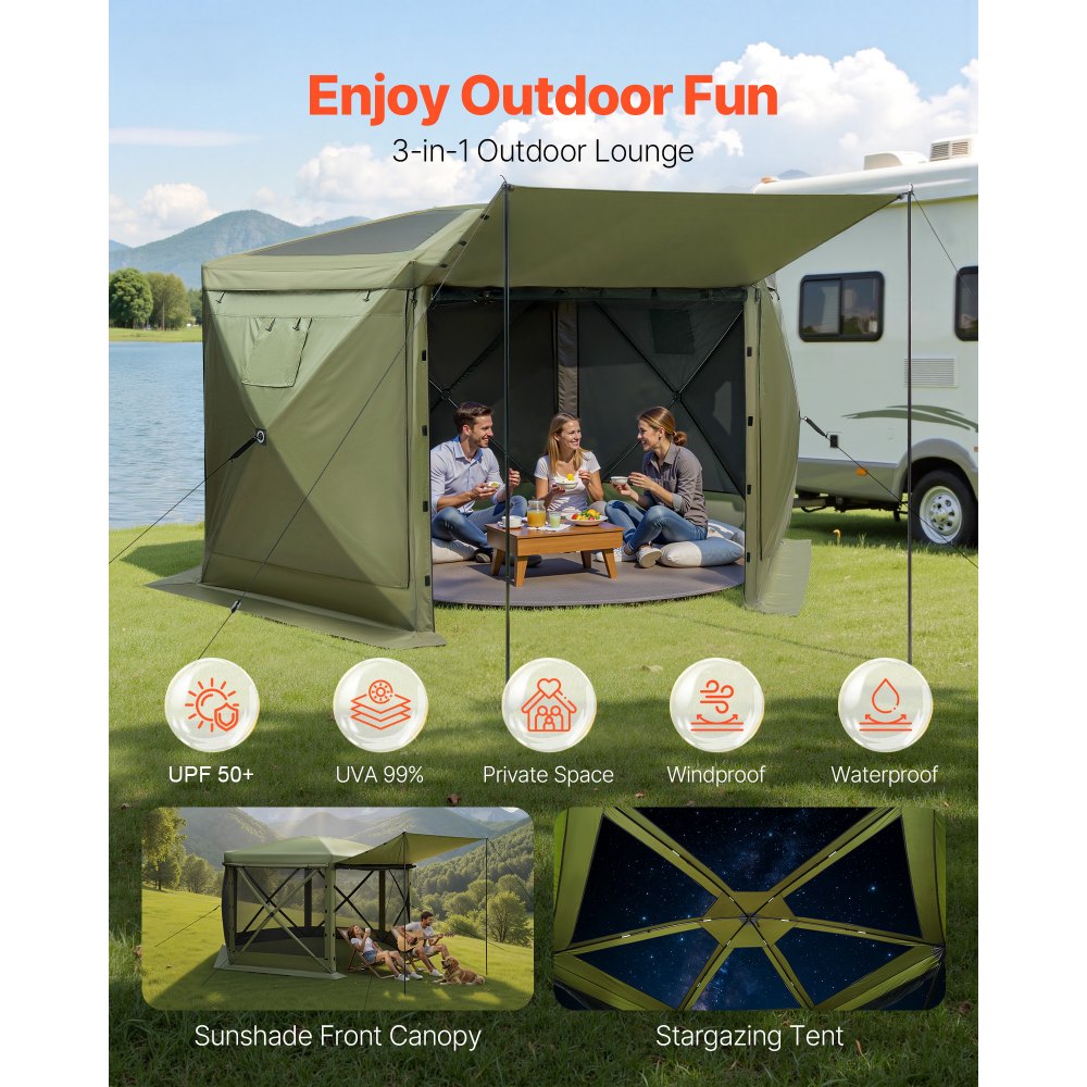 VEVOR Pop-up-Pavillon, 3 x 3 m, großes 6-seitiges Campingzelt mit abnehmbarem Dach & Tragetasche, Partyzelt, Sonnenschutz für 6–8 Personen auf Terrasse und Garten, Grün