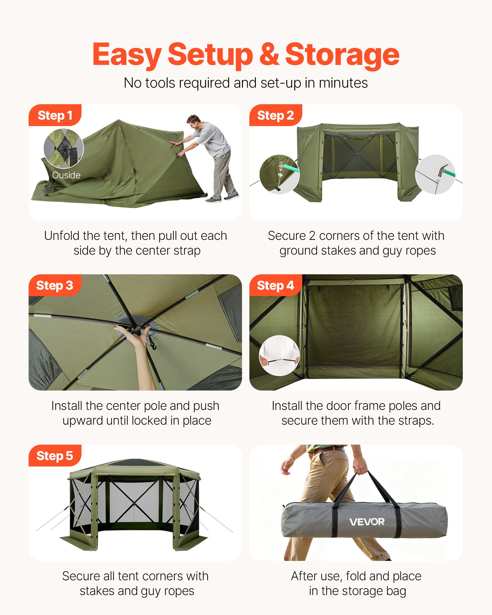 VEVOR Pop-up-Pavillon, 3 x 3 m, großes 6-seitiges Campingzelt mit abnehmbarem Dach & Tragetasche, Partyzelt, Sonnenschutz für 6–8 Personen auf Terrasse und Garten, Grün