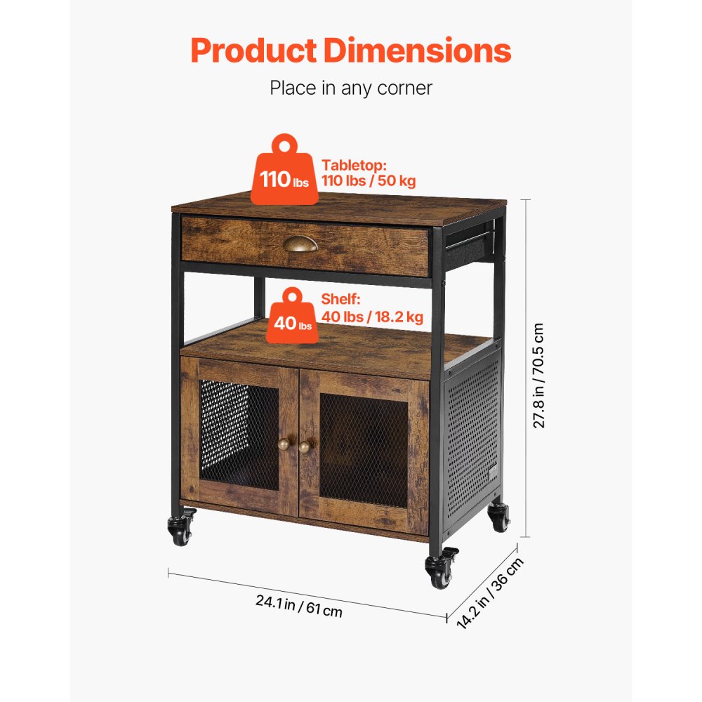 VEVOR Kaffeebarschrank 61 x 36 x 70,5 cm Kaffeebarschrank im Landhausstil mit 4-stufigem Stauraum, beweglicher Kaffeebartisch mit Rollen &Netztür, Sideboard-Buffetschrank für Küche Eingangsbereich
