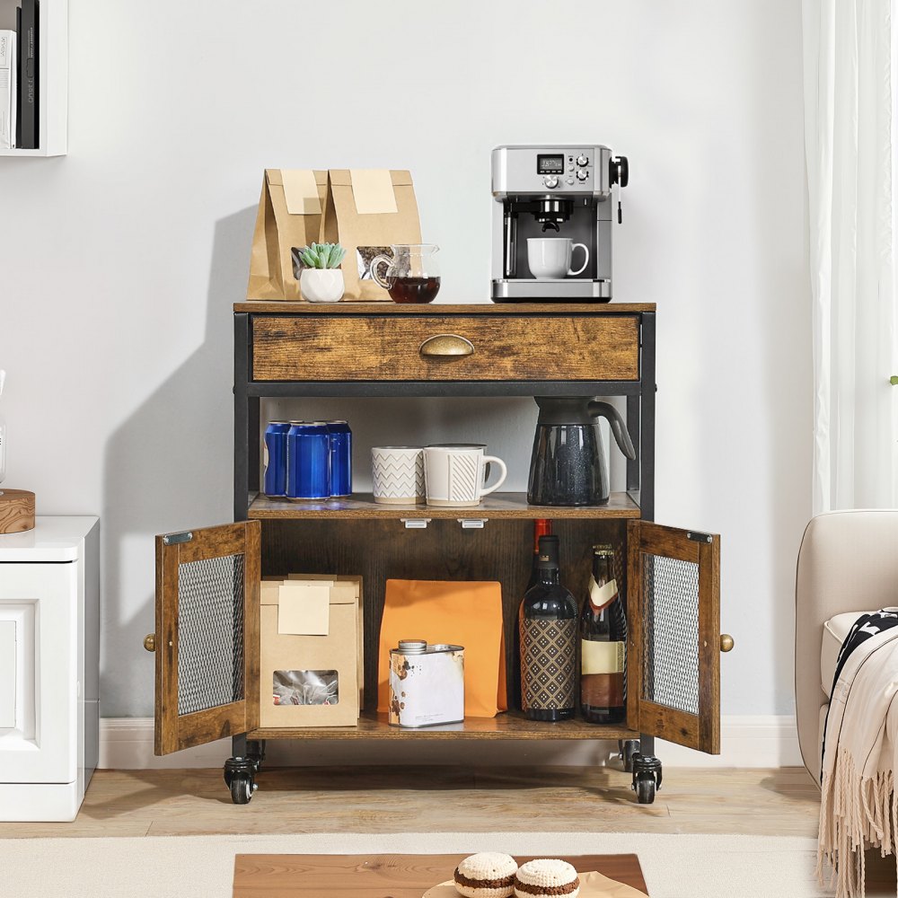 VEVOR Kaffeebarschrank 61 x 36 x 70,5 cm Kaffeebarschrank im Landhausstil mit 4-stufigem Stauraum, beweglicher Kaffeebartisch mit Rollen &Netztür, Sideboard-Buffetschrank für Küche Eingangsbereich
