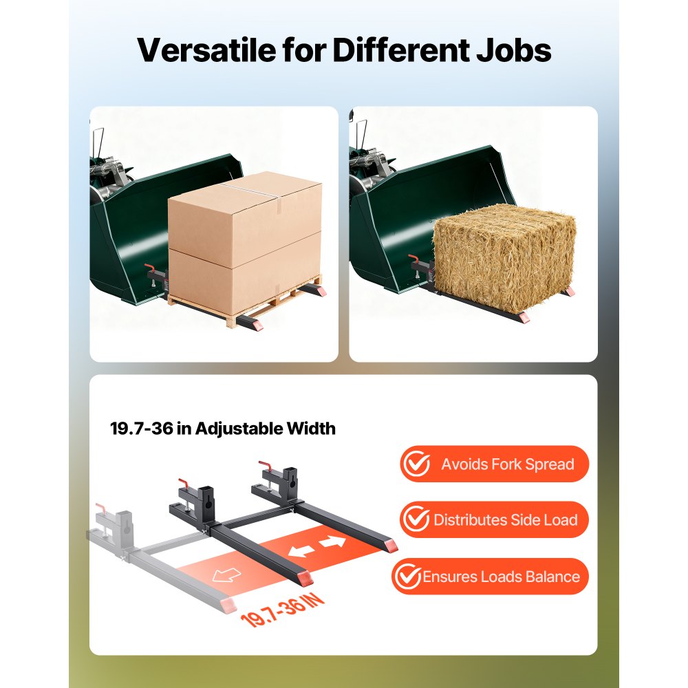 VEVOR Palettengabeln 907 kg, Gabelträger zum Anklemmen, 1090 mm Gesamtlänge, Gabelzinken mit verstellbarer Stabilisatorstange für Traktoranbaugeräte, Ladeschaufel und Kompaktlader, Schwarz