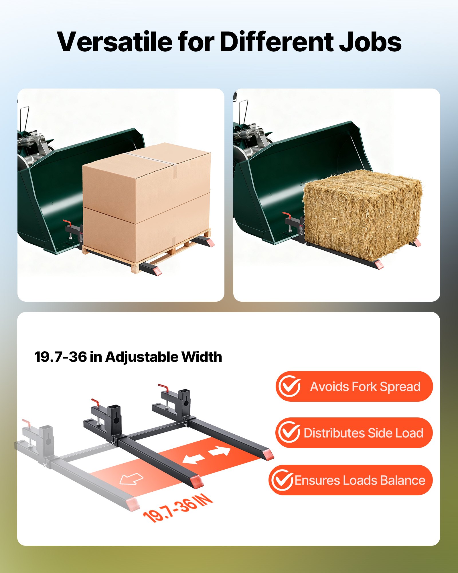 VEVOR Palettengabeln 907 kg, Gabelträger zum Anklemmen, 1090 mm Gesamtlänge, Gabelzinken mit verstellbarer Stabilisatorstange für Traktoranbaugeräte, Ladeschaufel und Kompaktlader, Schwarz