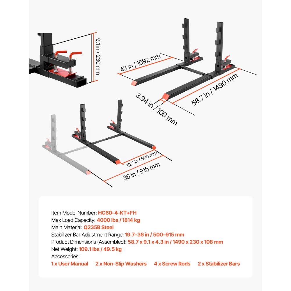 VEVOR Palettengabeln, 1814 kg Gabelträger zum Anklemmen, 1490 mm Gesamtlänge, Gabelzinken mit Kippschutz & verstellbarer Stabilisatorstange, passend für Ladeschaufel-Kompaktlader, Schwarz