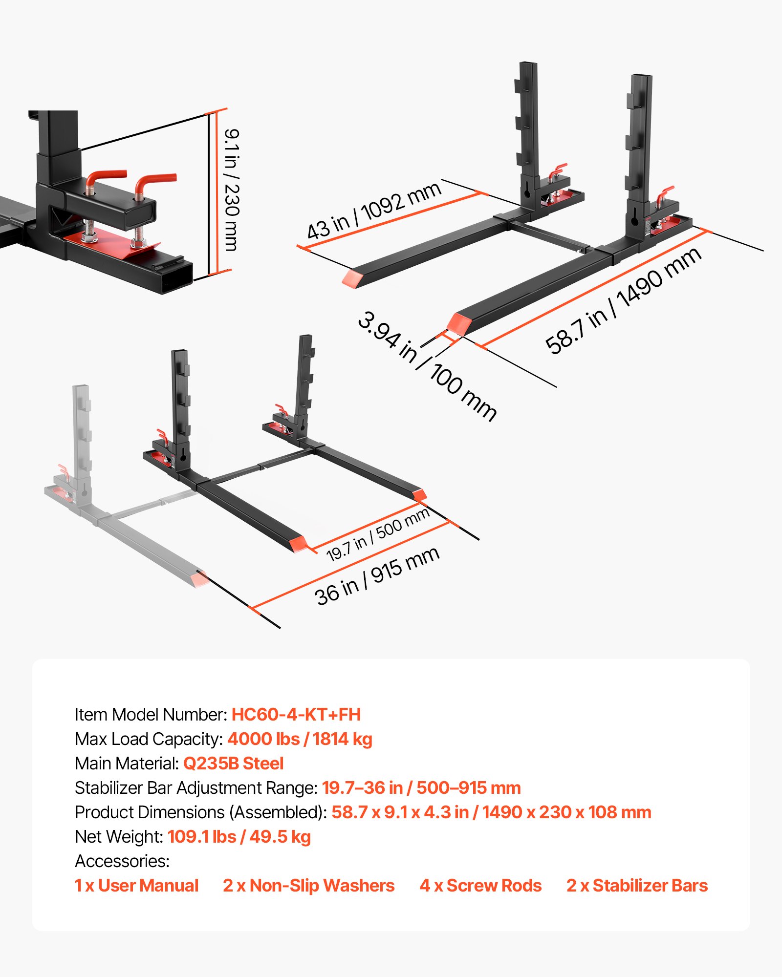 VEVOR Palettengabeln, 1814 kg Gabelträger zum Anklemmen, 1490 mm Gesamtlänge, Gabelzinken mit Kippschutz & verstellbarer Stabilisatorstange, passend für Ladeschaufel-Kompaktlader, Schwarz