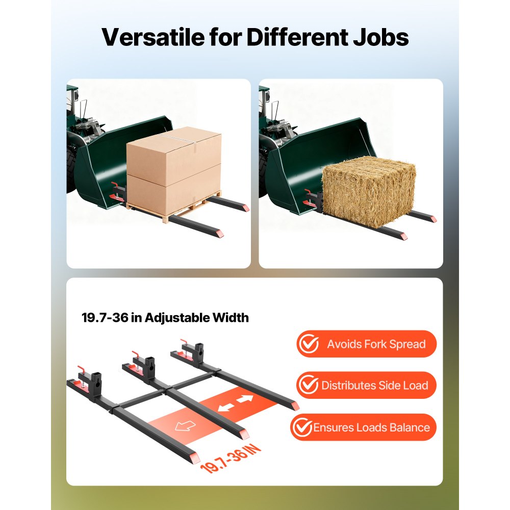 VEVOR Palettengabeln, 907 kg Gabelträger zum Anklemmen, 1490 mm Gesamtlänge, Gabelzinken mit verstellbarer Stabilisatorstange für Traktoranbaugeräte, Ladeschaufel und Kompaktlader, Schwarz