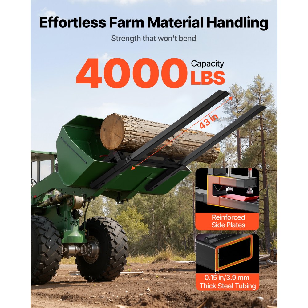 VEVOR Palettengabeln, 1814 kg Gabelträger zum Anklemmen, 1490 mm Gesamtlänge, Gabelzinken mit verstellbarer Stabilisatorstange für Traktoranbaugeräte, Ladeschaufel & Kompaktlader, Schwarz