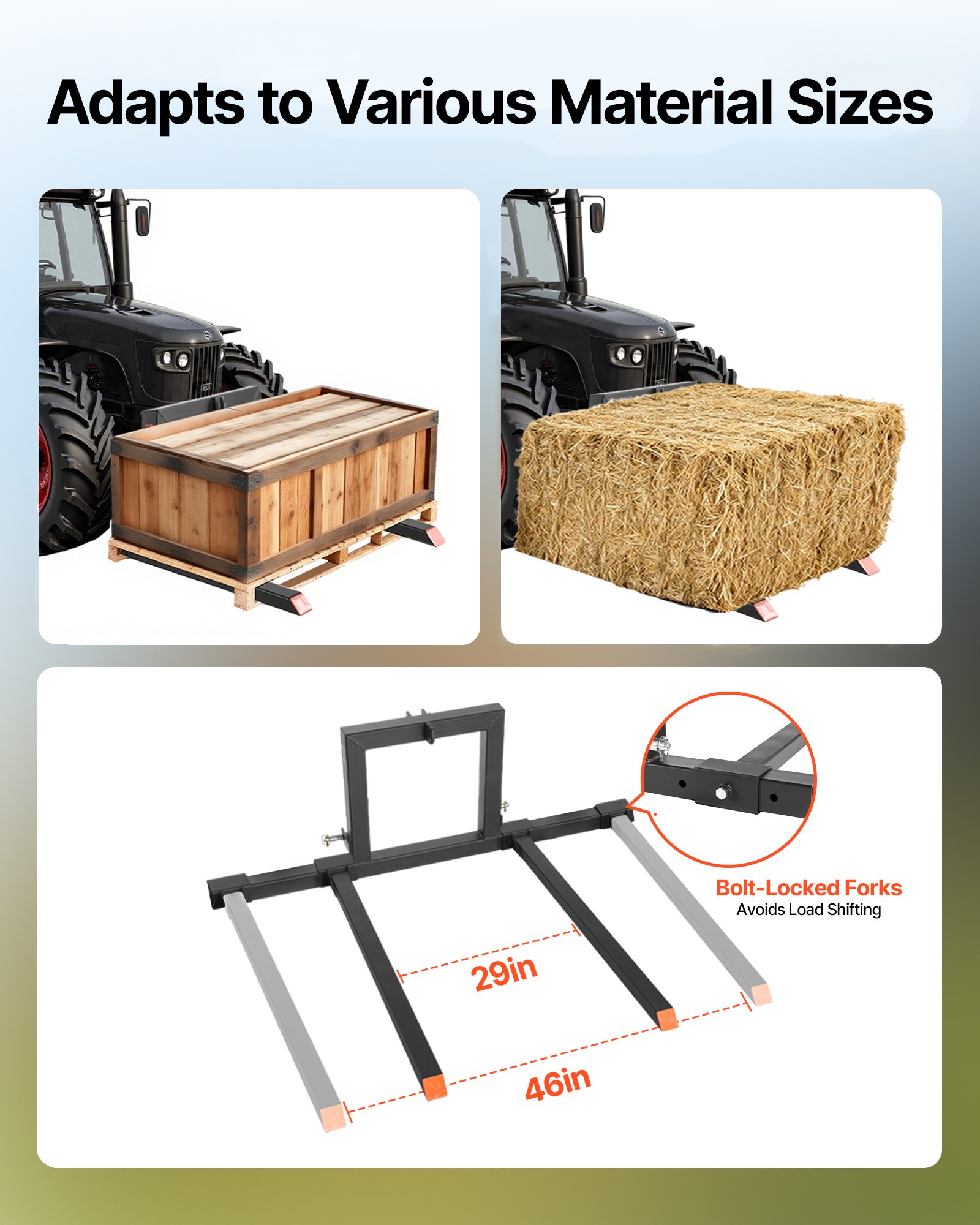 VEVOR Palettengabel 680 k, 3-Punkt-Gabelträger zum Anklemmen, 1280mm Gesamtlänge, Gabelzinken mit 735-1170 mmeinstellbarer Gabelbreite, Schnellkupplungsaufsätze für Traktoren der Kategorie 1