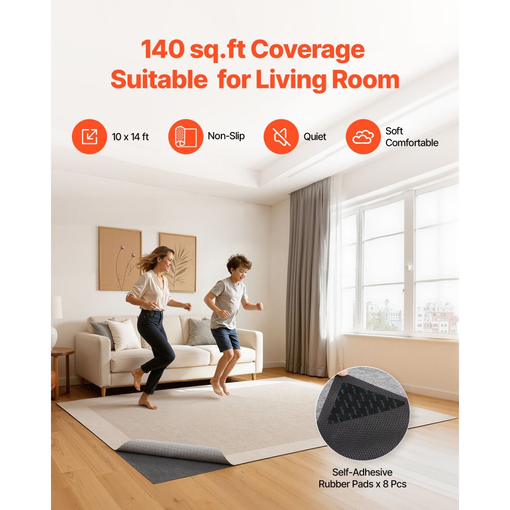VEVOR Rug Pad 3.05 x 4.27 m, Non-slip Carpet Area Pad, Rug Mat Padding with Dual Surface Felt Cushion & Rubber Gripper, Hardwood Floor Protection for All Floors, Finishes, Keeps Carpets in Place
