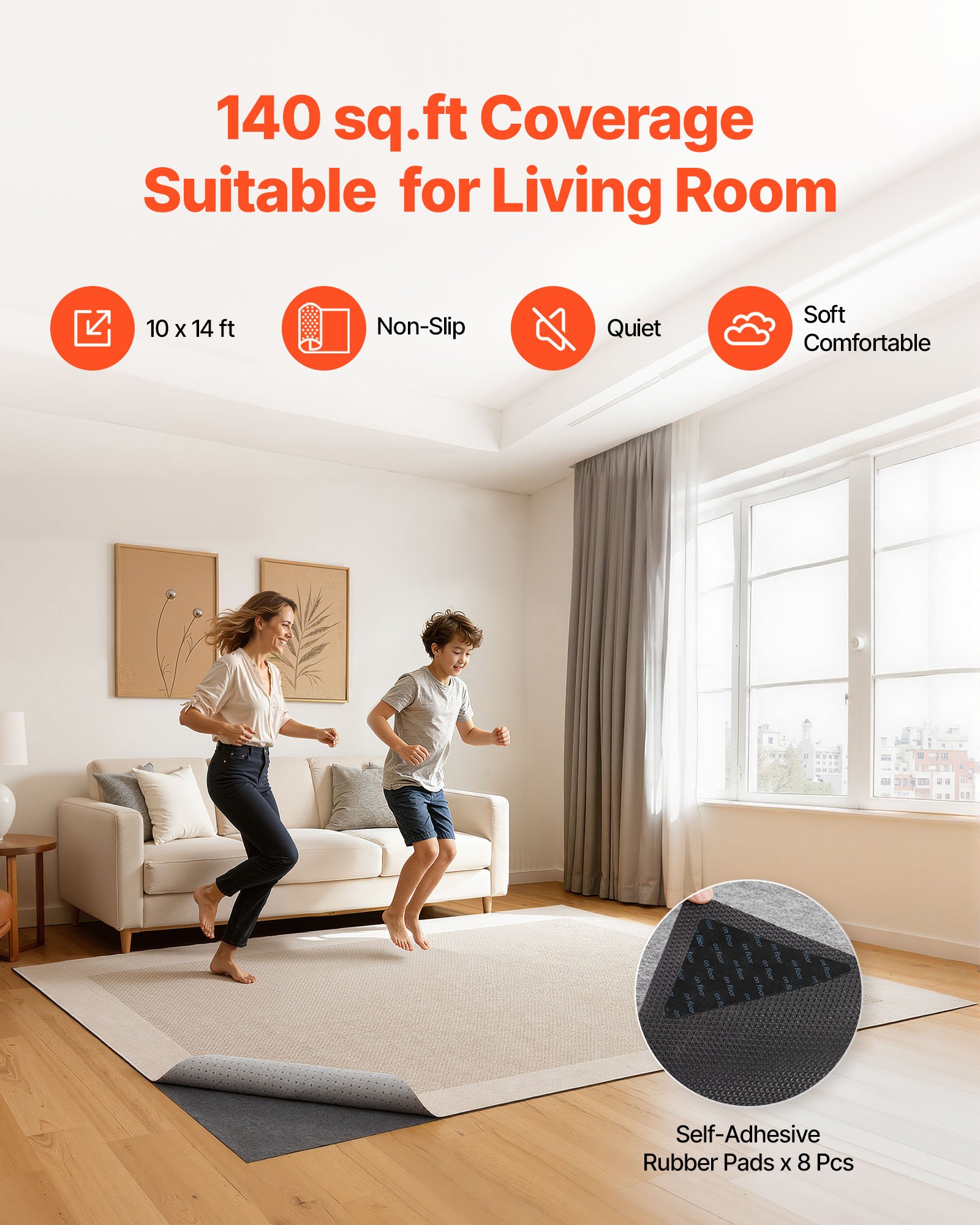 VEVOR Rug Pad 3.05 x 4.27 m, Non-slip Carpet Area Pad, Rug Mat Padding with Dual Surface Felt Cushion & Rubber Gripper, Hardwood Floor Protection for All Floors, Finishes, Keeps Carpets in Place